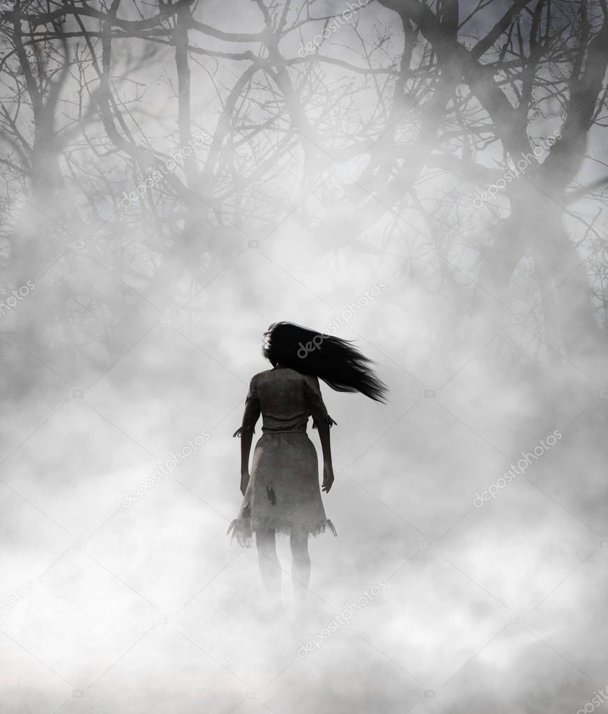 Ghost woman in foggy forest,3d Mixed media for book illustration or book cover 