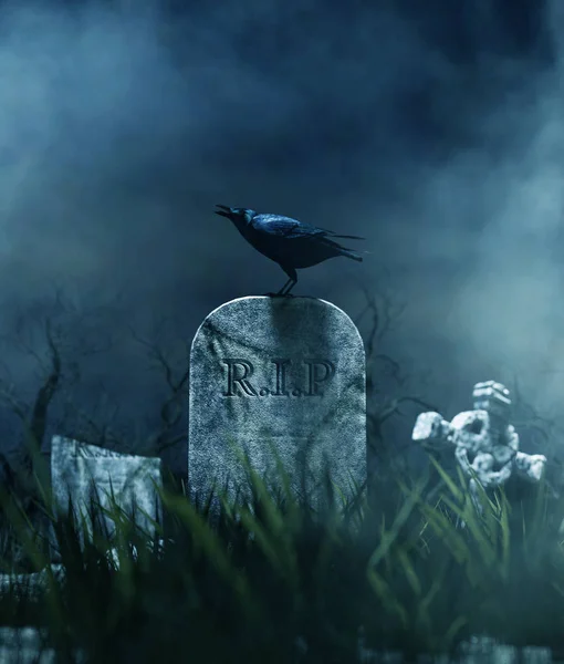 Crow Gravestone Halloween Night Illustration — Stock Photo, Image