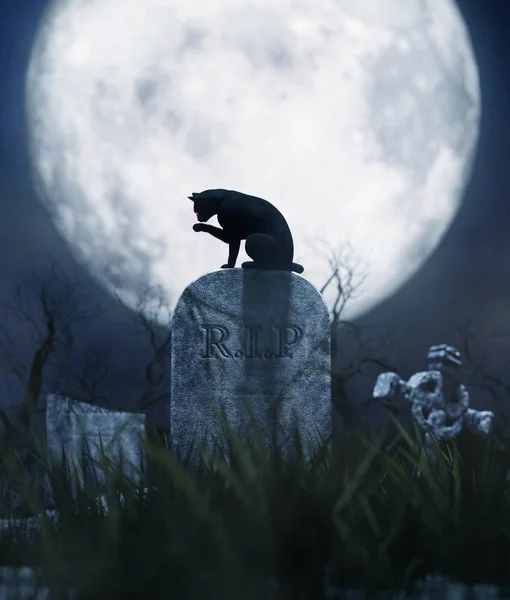 Gatto Nero Che Siede Una Lapide Nella Notte Halloween Illustrazione — Foto Stock