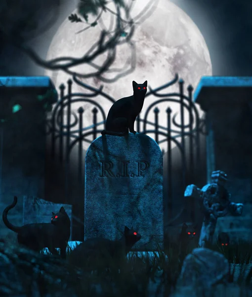 Zwarte Katten Begraafplaats Conceptuele Achtergrond Voor Halloween Illustratie — Stockfoto