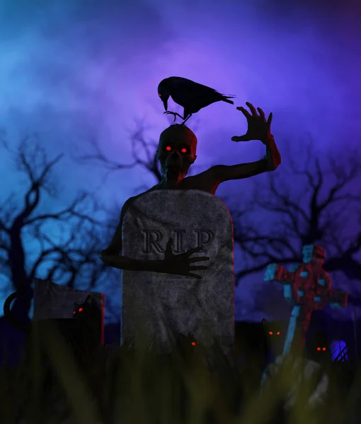 Нежити Холдинг надгробная плита на ночь, окруженный черные кошки и ворона на фоне его головой, концептуальные для Хэллоуина, 3d Иллюстрация
