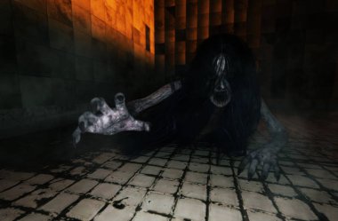 Karanlık oda, hayalet kadın terk edilmiş evde, 3d çizim 