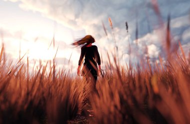 bir kız yalnız çim alanda yürüyüş 3D çizimi