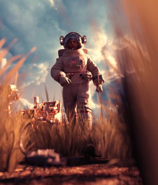 Bir astronot keşfetmek yeni kara, 3d illustratio