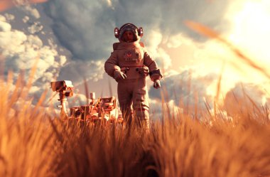 Bir astronot keşfetmek yeni kara, 3d illustratio