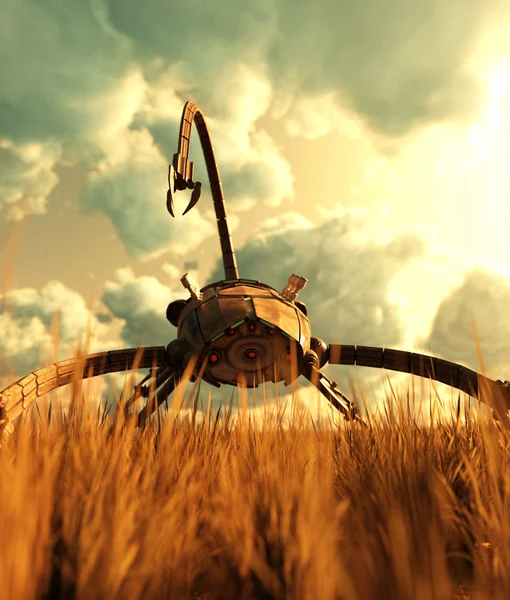 Çim Sahası Resim Içinde Dev Bir Savaş Robotu — Stok fotoğraf