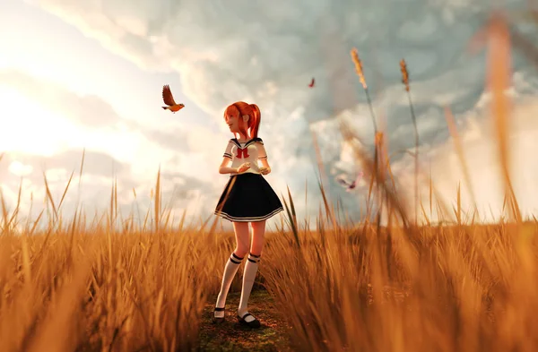 Bird Song Illustration Happy Schoolgirl Walking Alone Grass Field Surrounded — Free Stock Photo