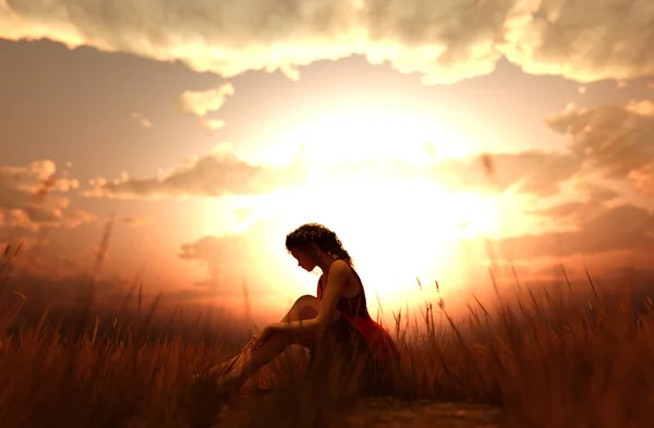一个女孩独自坐在草地上的插图 — 图库照片