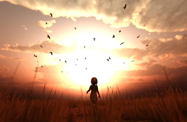 Иллюстрация Девушки Гуляющей Одиночестве Травяном Поле — стоковое фото