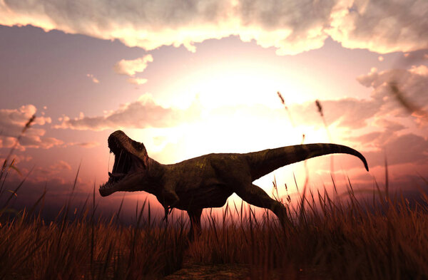 3d rendering of a Dinosaurs in grass field