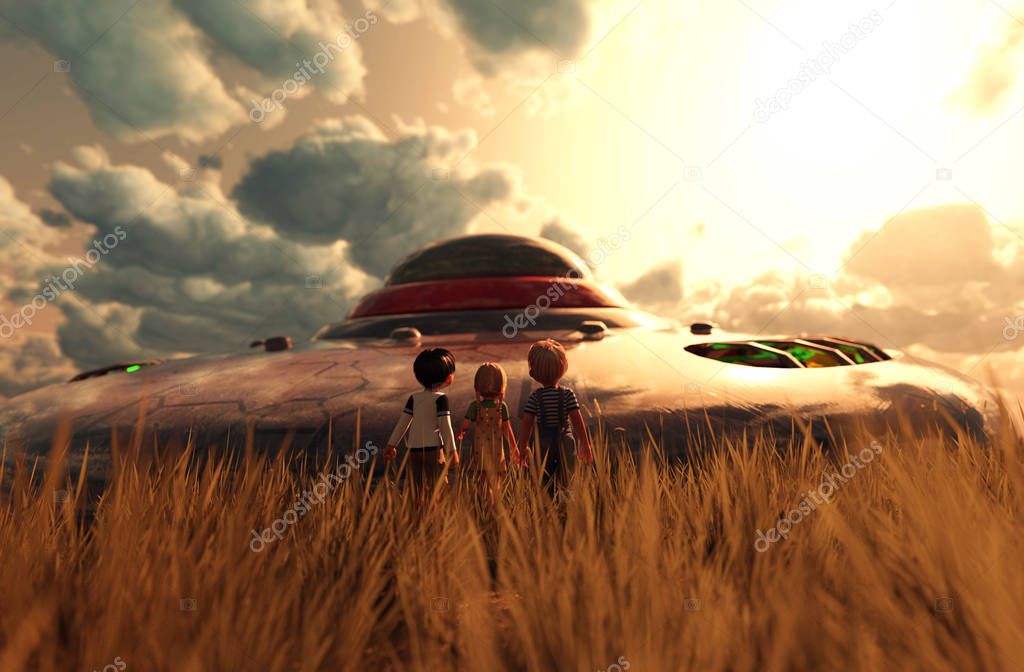 Children's looking to a UFO saucer,3d illustration