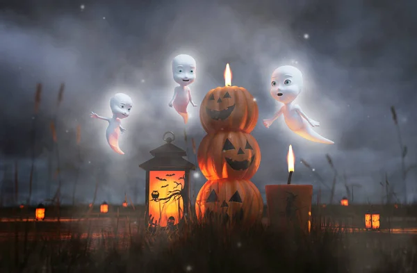 Little Cartoon Ghosts Spirit Floating Enjoying Halloween Night Illustratio — стоковое фото