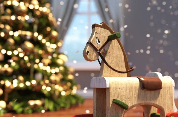 Dřevěný Houpací Kůň Zařízené Obývacím Pokoji Vánoce Obrázek — Stock fotografie