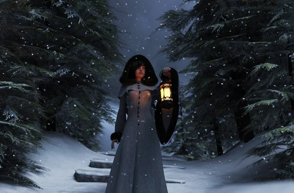 冬の森の話 冬の森 イラストレーションでランタンとフード付きマントの若い女性 — ストック写真