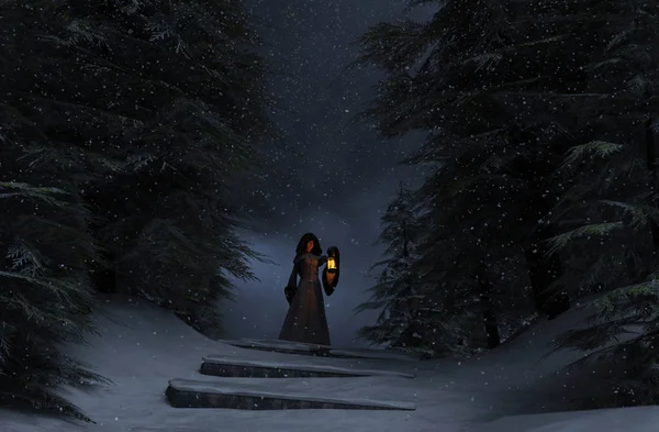 Kış orman hikayesi, Genç kadında kukuletalı pelerin ile fener kış orman, 3d çizim