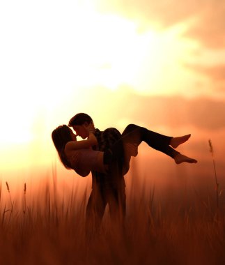 Çim sahası, 3d render romantik çift 