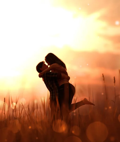 芝生のフィールド レンダリングでロマンチックなカップル — ストック写真