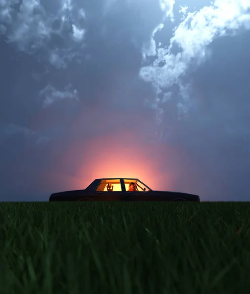 Family Car Broken Secluded Field Night Light Glowing Sky Scene — Stock Photo, Image