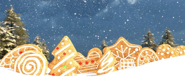 Μπισκότο Χριστουγέννων Στο Χιόνι Διακοσμημένο Για Την Περίοδο Των Διακοπών — Δωρεάν Φωτογραφία