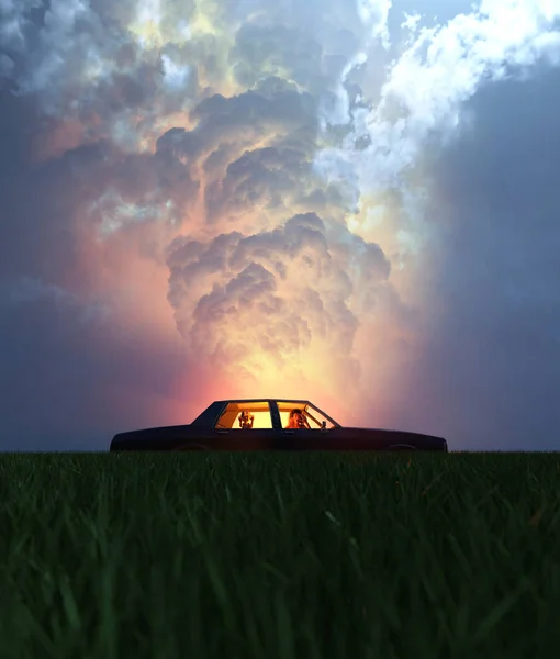 一个家庭带着一辆汽车在一个隐蔽的田野里抛锚 天空中闪耀着光芒 现场为可怕或恐怖的概念和理想渲染 — 图库照片