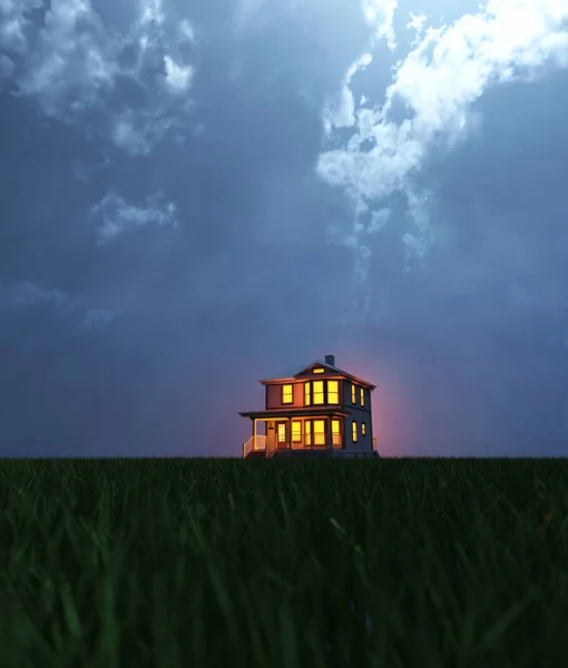 Один Будинок Полі Вночі Сцена Страшної Або Жахливої Концепції Ідей — стокове фото
