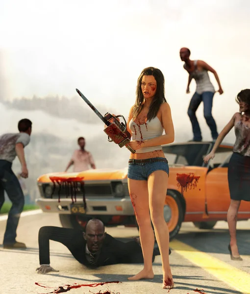 3d illustration of woman with chainsaw fight against zombies on highway
