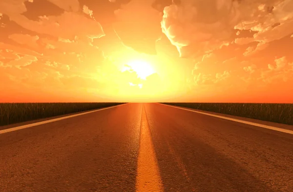 Asphalt Road Sunset Sunrise Rendering — Stock Photo, Image