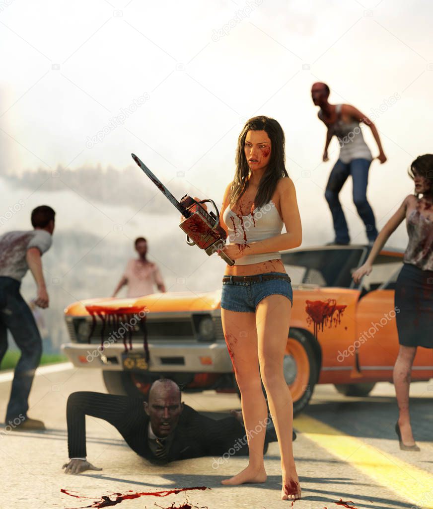 3d illustration of woman with chainsaw fight against zombies on highway