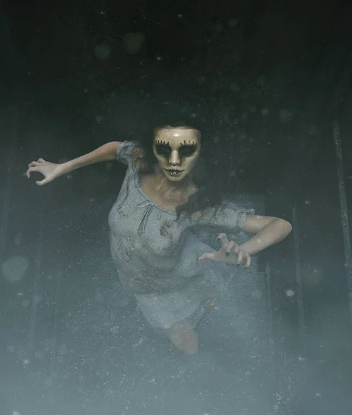 Ghost Kvinna Läskiga Mask Som Hon Har Att Dölja Sitt — Stockfoto