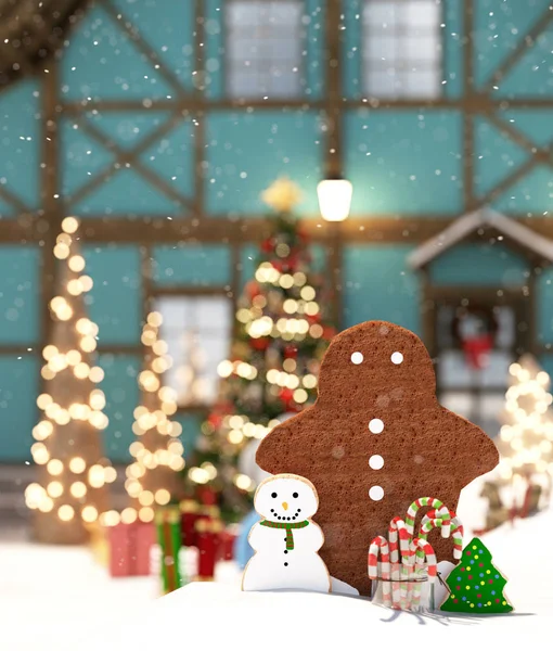 Vánoční Perník Sklenici Cukrové Třtiny Sněhu Zdobené Dovolenou Sezónu Vykreslování — Stock fotografie