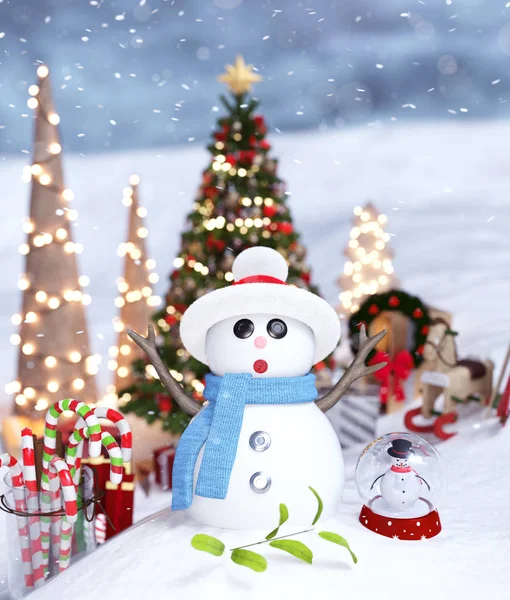 Bonhomme Neige Noël Verre Canne Bonbons Sur Neige Décoré Pour — Photo