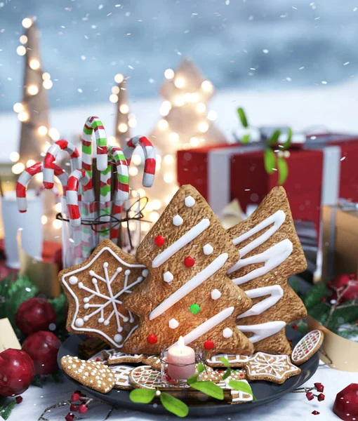 Biscuit Noël Verre Canne Bonbons Avec Boîtes Cadeaux Sur Neige — Photo