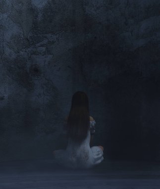 Karanlık bir odada, 3d render oturan kadın