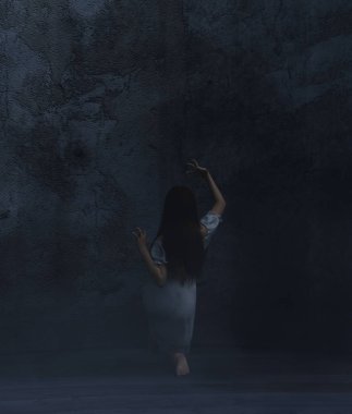 Hayalet kadın karanlık bir odada, 3d render