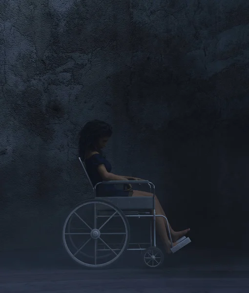 Ghost woman sitting on wheelchair in asylum,3d rendering