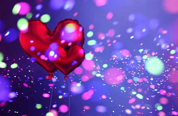Червоні Серцеві Кульки Абстрактними Барвистими Розмитими Вогнями Дня Святого Валентина — стокове фото