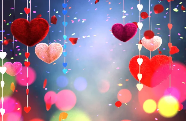 Absztrakt Színes Szőrös Szívvel Díszített Színes Bokeh Könnyű Valentine Leképezés — Stock Fotó