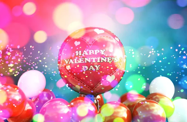红色气球与抽象五颜六色的模糊的光为情人节设计背景 — 图库照片