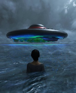 Denizden, 3d resimde bir Ufo Nişangah kadın