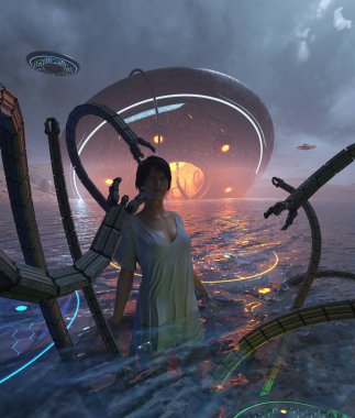 Kadın denizde 3d çizim gürültüyle çarpmak bir Ufo tentacles tarafından saldırıya ediliyor