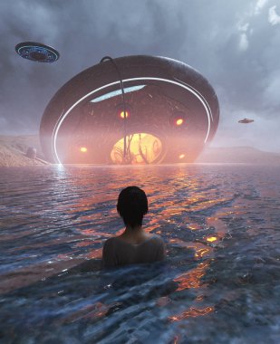 Kadın denizde 3d çizim gürültüyle çarpmak bir Ufo Nişangah