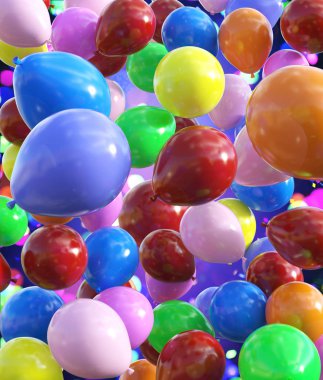 Renkli balonlar Festival arka plan tasarımı, 3d çizim için dekore edilmiştir.