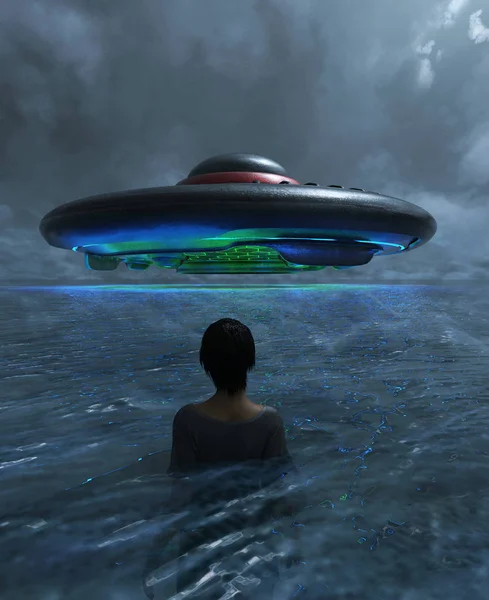 イラストレーション上の Ufo を目撃女性 — ストック写真
