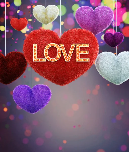 Abstract Colorful Furry Hearts Marquee Love Letters Decorated Colorful Background — стоковое фото