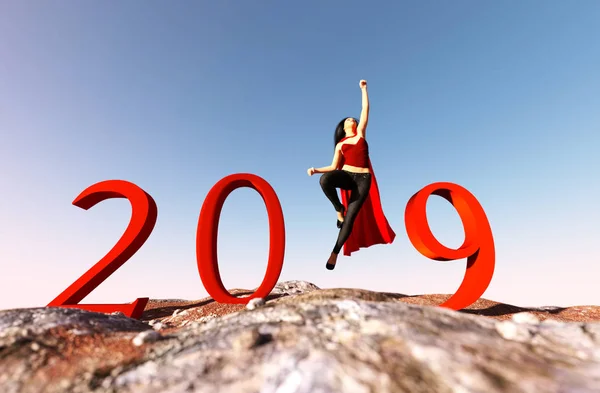 New Year New You Girl Wearing Red Cloak Flying Sky — Stock Photo, Image