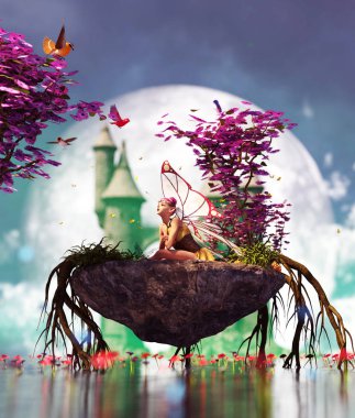 3d Fantasy Little pixie in mythical island,3d illustration for book cover or book illustration clipart