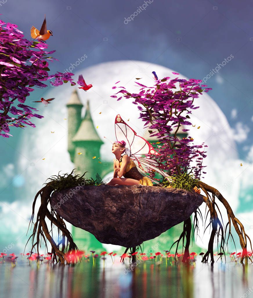 3d Fantasy Little pixie in mythical island,3d illustration for book cover or book illustration