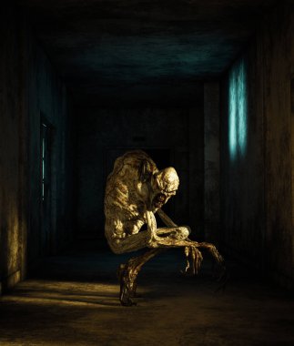 Terk edilmiş binada, 3d resim içinde korkunç canavar yaratıklar