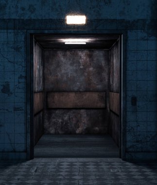Terk edilmiş evde, 3d render eski bir Asansör