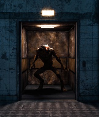 Kurt adam asansörde, kitap kapağı veya kitap Illustration için 3d render 